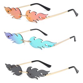 Smavles Flame-shaped sunglasses, pack of 3, wave sunglasses, party glasses, rimless, metal glasses frames, fashion punk style sunglasses, retro unisex sunglasses, Flame