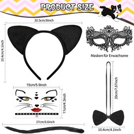 Women's Cat Costume, Fancy Dress Costumes, 5-Piece Cat Costume Set Including Cat Ears, Headband, Therian Tail, Bow Tie, Face Flap, Eye Patch, Carnival Costume for Carnival Masquerade