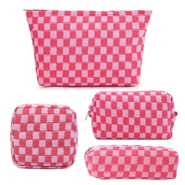AJOJO Makeup Bag Checkered Cosmetic Bag Set for Women Travel Toiletry Organizer Cute Makeup Bag Pouch Storage Bag (4Pcs-Pink)
