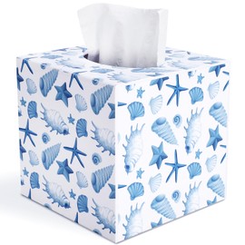 SOMTO Acrylic Square Tissue Box Cover,Beach White Starfish Seashell Coastal Decorative Tissue Holder Dispenser Bathrooms, Desks, Countertops, Vanities, Bedrooms, and Nightstands Decor