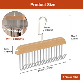 Pack of 2 Wooden Clothes Hangers, Tie Holder, 28 x 18 x 3 cm Belt Holder Wardrobe, Clothes Hanger with 8 Hooks, Rotatable, Storage Hanger, Belt Hanger, for Suspenders, Ties, Scarves
