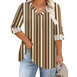 TFSDOD Summer Tops for Women 2025 Fashion Trends 3/4 Length Sleeve Womens Tops V Neck T Shirts Printed Brown Stripe XXL