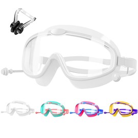HINATAA Children's Swimming Goggles Anti-Fog Swimming Goggles with Nose Clip, Swimming Goggles with Integrated Earplugs, Diving Goggles for Boys Girls 3-8 Years, UV Protection, No Leak (White)
