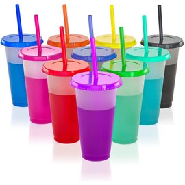 LATERN Pack of 10 Colour Changing Cups with Lids and Straws, 710 ml Reusable Plastic Cups, Cute Children's Drinking Cups, Large Party Cups for Ice-Cooled Drinking Water (10 Colours)