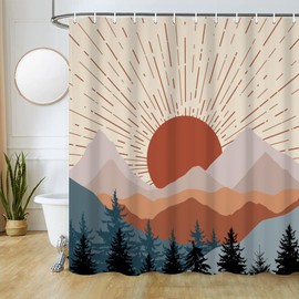 Ruelvth Mid Century Shower Curtain, Boho Sunrise Shower Curtain for Bathroom Waterproof Abstract Terracotta Mountain and Forest Bathroom Curtain Set with Hooks, 72x78 Inch