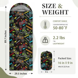 WeCozy Black Gaming Sleeping Bag for Kids, 3 Season Lightweight Waterproof Sleeping Bag for Boys with Compression Sack for Camping in Warm Cold Weather, Indoor Use and Backpacking