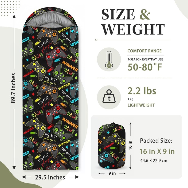WeCozy Black Gaming Sleeping Bag for Kids, 3 Season Lightweight