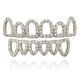 Psivika Gold Shiny Plated Hip Hop Teeth Grillz Caps Iced Out CZ Top and Bottom Vampire Fangs Grillz for Your Teeth for Men and Women (Silver)