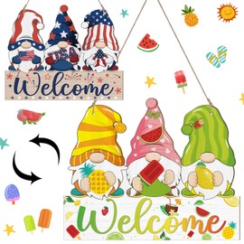 Tioncy Reversible Summer 4th of July Welcome Door Sign Decor Double Sided Gnome Wooden Hanging Plaque Summer Patriotic Independence Day Door Hanger for Porch Home Wall Indoor Outdoor Decoration