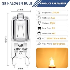 Caldarax 12 Pack G9 25W Halogen Bulbs 230V Dimmable, 2800K Warm White, 250LM, G9 Oven Bulbs, Work Temperature 300, No Flickering, G9 Capsule Bulb for Oven, Wax Burner, Cooker Hood