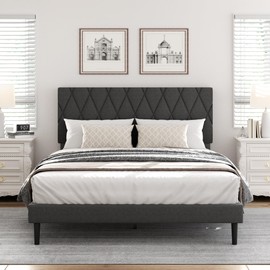 CXVX Full Size Bed Frame with Diamond Tufted Headboard, Linen Upholstered Platform Bed and Wooden Slat Support, Noise-Free, No Box Spring Needed, Easy Assembly, Dark Grey