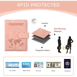 LISAPRO Funda para Pasaporte con Bloqueo RFID, Porta de Pasaporte de Cuero PU, Cartera para Pasaporte, con Etiqueta de Equipaje, Organizador de Documentos de Viaje, Cierre Magnético, Unisex (Rosa)