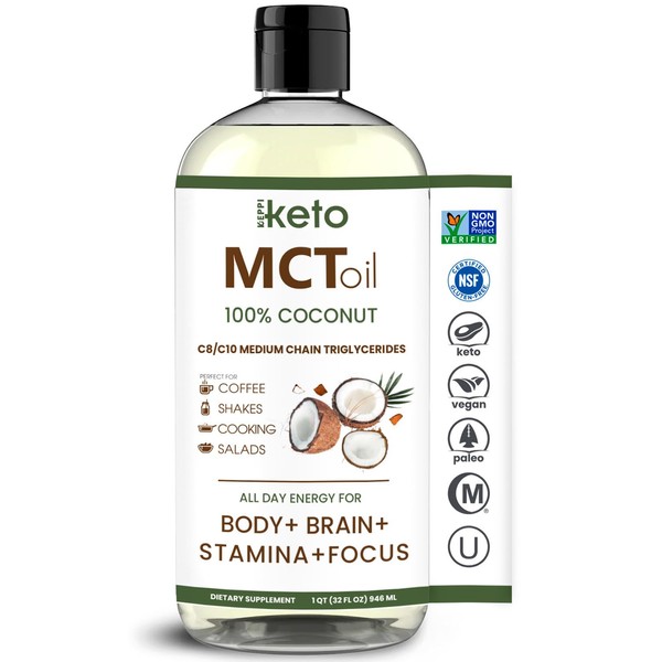 Keppi Flavorless MCT Oil - C8 and C10 for Keto Diet, Non-GMO, Certified Gluten-Free, Palm Oil Free, 32 oz Coconut Oil