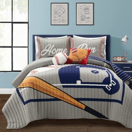 Lush Decor Baseball Game Reversible Oversized Kids 5 Piece Quilt Set, Full/Queen, Gray & Navy