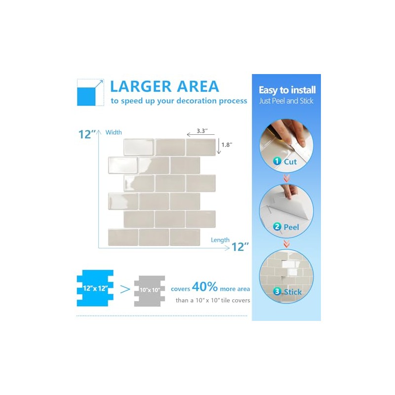 STICKGOO Peel and Stick Backsplash Subway Tiles, 10 Sheets of