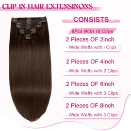 POGINJA Clip in Hair Extensions Real Human Hair, Remy Human Hair Extensions Clip ins for Women, 100% Natural Human Hair, Double Weftm, 22inch 110g 8Pcs, #4 Chocolate Brown