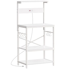 SUPERJARE Kitchen Bakers Rack with Power Outlet, Coffee Bar Table 4 Tiers, Kitchen Microwave Stand with 6 S-Shaped Hooks, Storage Shelf Rack for Spices, Pots and Pans - White