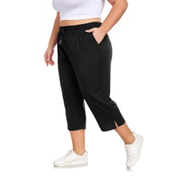 ForHailey Plus Size Capri Pants for Women Wide Leg Loose Yoga Pants with Pockets Casual Drawstring Activewear Sweatpants Black 3X-Large