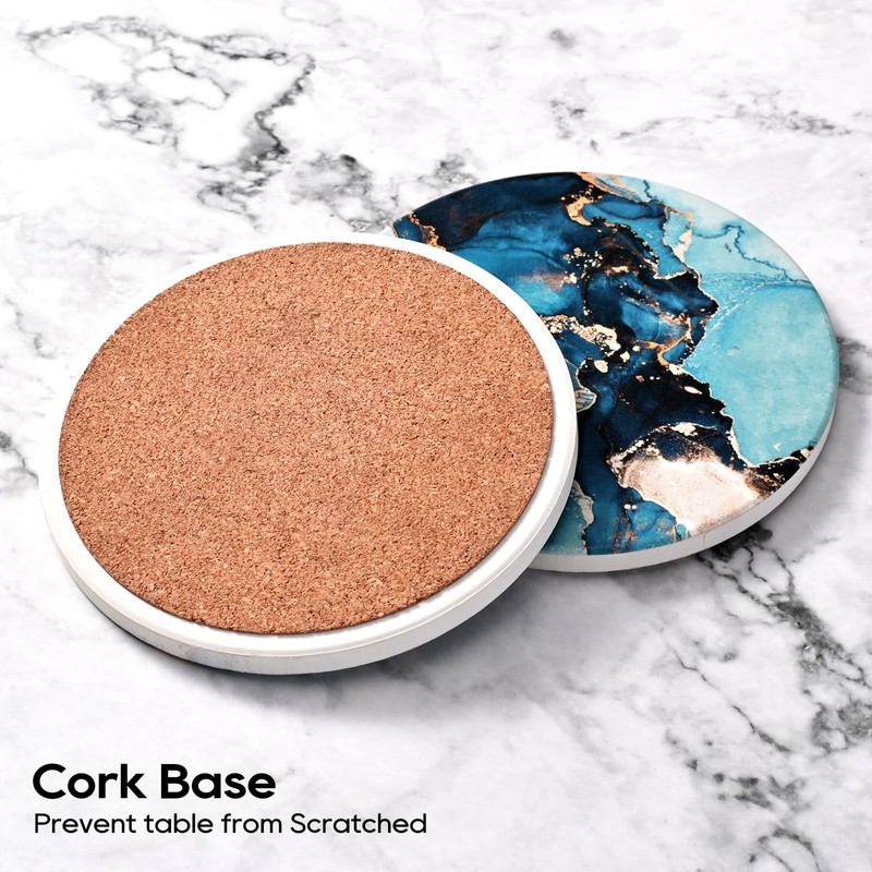 CoColemon Light Blue Thirstystone Coasters Set of 6, Marble Abstract