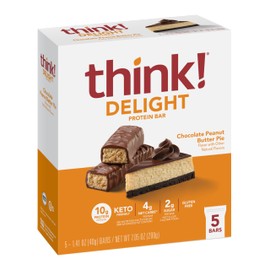 think! Keto Protein Bars, Healthy Low Carb, Low Sugar, Gluten Free Snack with No Artifical Sweeteners, 4G Net Carbs & 10G of Whey Protein - Chocolate Peanut Butter Pie (5 Count)