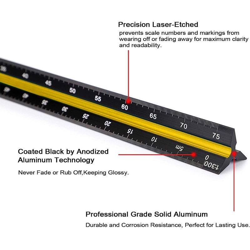 Solid Aluminum Triangular Architect Scale Ruler Set 4pcs, 3-Colors-Groove Architectural
