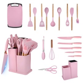 Cooking Utensils Set for Kitchen,19 Kitchen Utensils Set with 11 Non-Stick Silicone Heat Resistant Kitchen Gadgets,5 Anti-Rust Stainless Steel Sharp Kitchen Knife Set Scissors and Cutting Board (Pink)