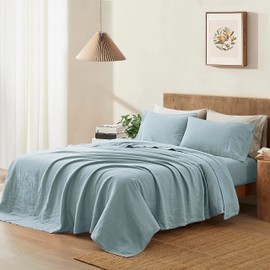ATLINIA Bedding Linen Sheets Set Bed - 100% French Linen Sheets Queen Size Organic Flax Bedding Farmhouse Boho Style - Deep Pocket Fitted Sheet & Flat Sheet & 2 Pillowcases (Dusty Blue, Queen)