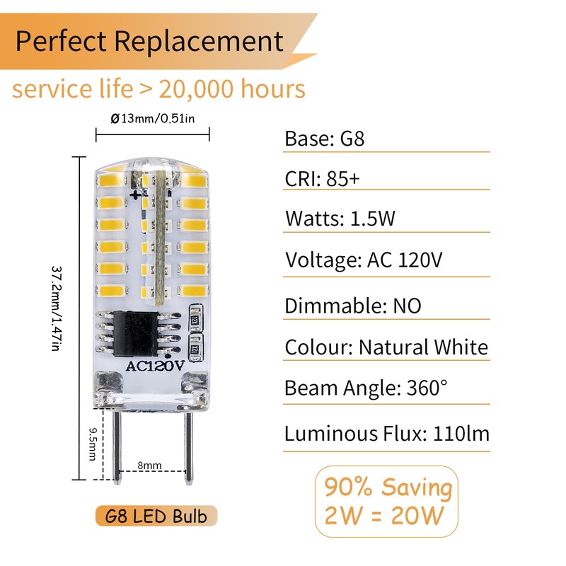 I-SHUNFA G8 LED Bulb 4000K Natural White, 1.5W 110lm Replacement