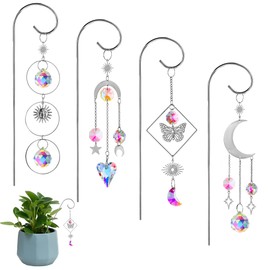 HDCRYSTALGIFTS 4 Pack Crystal Sun Catchers with Small Trellis for Potted Plants Indoor Plant Stake Suncatcher Decoration for Home Window Garden, Sliver