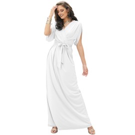 KOH KOH Plus Size Womens Long Formal Short Sleeve Cocktail Flowy V-Neck Casual Bridesmaid Wedding Party Guest Evening Cute Maternity Work Gown Gowns Maxi Dress Dresses, Ivory White 4XL 26-28