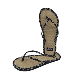 Elegant Slippers Women Summer Caribbean Pattern Bamboo Bottom Flip Flops Anti Slip Sweat Fresh Flip Flops Straw Rubber Sole for Sea, Beach, Garden, Black, 5 UK