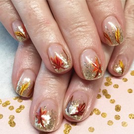 Fall Press on Nails Short BMKKOT Fake Nails Gold Glitter French Tip Acrylic Nails Orange Yellow Leaves Nail Design Shiny Autumn Glue on Nails Thanksgiving Maple Leaf False Nails for Fall Nail Supplies