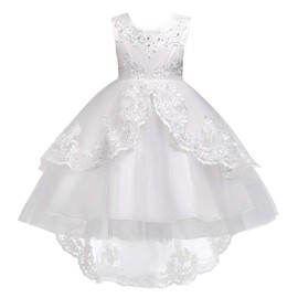 Flower Girls Vintage High-Low Tulle Lace Beaded Rhinestone Wedding Bridesmaid Dress Formal Princess Pageant Birthday Party Special Occasion Retro Dance Evening Tutu Ball Gowns White 3-4 Years
