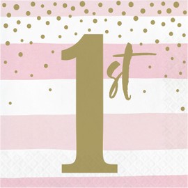 Creative Converting Stripe and Dots 1st Birthday Lunch Napkins, Pink/Gold, 6.5", 16 Ct.