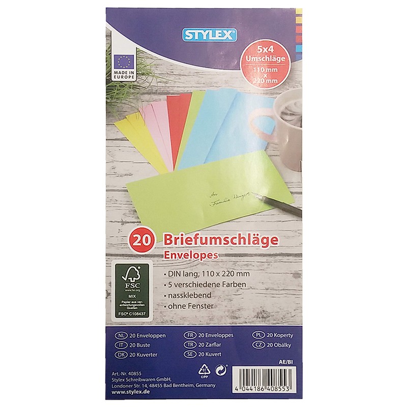 Coloured Envelopes DIN Long Envelopes (Pack of 5 x 20)