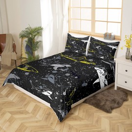 Loussiesd Graffiti Shark Comforter Cover Set Cartoon Shark Duvet Cover Set for Kids Boys Animal Bedding Set Shark Illustration Quilt Cover Black Duvet Cover Double Size