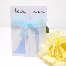 Pack of 10 Silouette Wedding Invitations with ribbon and envelopes- Gatefold style! (BABY BLUE)