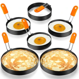6 Pcs Professional Egg Ring Pancake Ring Set Stainless Steel Fried Egg Ring Griddle Pancake Shapers with Orange Silicone Handle for Breakfast Omelette Sandwich (4, 6 Inch)