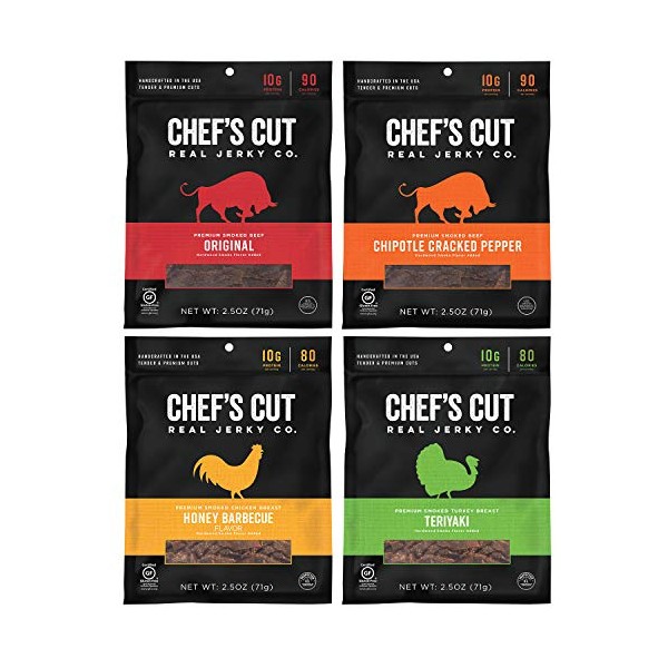 Chef's Cut Real Beef, Chicken, and Turkey Jerky Variety Pack, 2.5 Ounce (4 Pack)