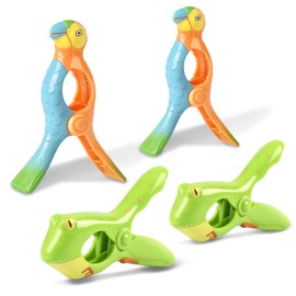 Beach Towel Clips, Sopito Jumbo Size Towel Clips for Beach Chairs Cruise Patio and Pool Accessories, Set of 4 (Green Orange Frog Parrot)