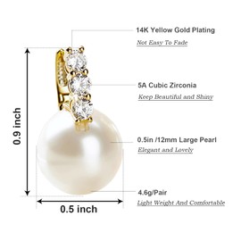 Kesaplan Pearl Earrings for Women Girls 14K Gold Plated Hypoallergenic Pearl Earrings 5A Cubic Zirconia Dangle Earrings Elegant Jewelry for Gifts