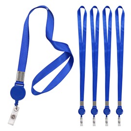 Fushing 5 Pcs Retractable Reels Key Chains Lanyards Neck Strap Band for ID Badge Holder for Business School Event (Blue)