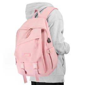 Pink School Backpack for Women Girls: 15.6 Inch College Book Bag with USB Charging Port Anti Theft Student Casual Daypack Middle High School Bag Fashion Travel Back Pack Laptop Backpacks for Teen Boys