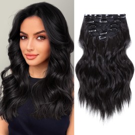 NAYOO Clip in Hair Extensions for Women 14 Inch Short Wavy Curly Natural Black Hairpieces Full Head Synthetic Hair Hairpieces(6PCS,Natural Black)