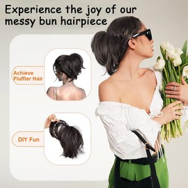 RPAEOY Hairpiece Hair Extensions Ponytail Extension Synthetic Wavy Curls Hairpiece Ponytail Extension Braid Hair Clip Short Bun Extension Synthetic Hairpiece for Women (Black Brown)