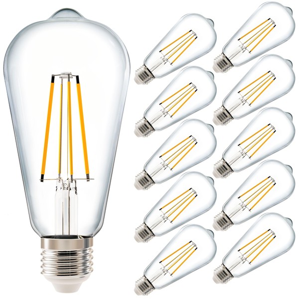 Sunco 10 Pack ST64 Vintage Edison LED Bulb 1500 Lumens High Brightness, Dimmable 3000K Warm White, 13W=75W, E26 Medium Base - UL Energy Star