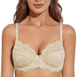 Deyllo Women’s Sheer Lace Bra Underwire Unlined Bra Full Coverage Non Padded（Beige,40DDD