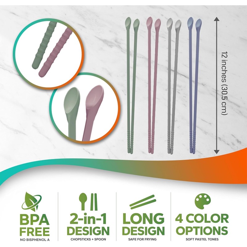 RECOHOME Premium Korean Silicone Cooking Chopsticks with Spoon Tip –