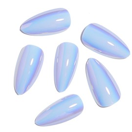 Blue Press on Nails Almond Chrome Fake Nails Medium Glossy False Nails with Designs Solid Color Glue on Nails Full Cover Acrylic Nails Aurora Press Ons for Women Girls Manicure 24Pcs