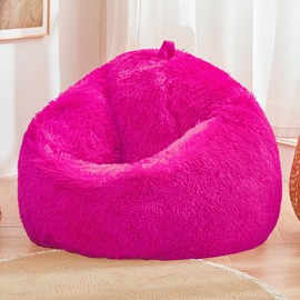 Hot Pink fluffy bean bag chair covers (No Filler), comfy Plush Hot Pink bean bag chair Cover for bedroom, stuffed animal Storage, kids adults teens girls bean bag chairs, Anti-Slip
